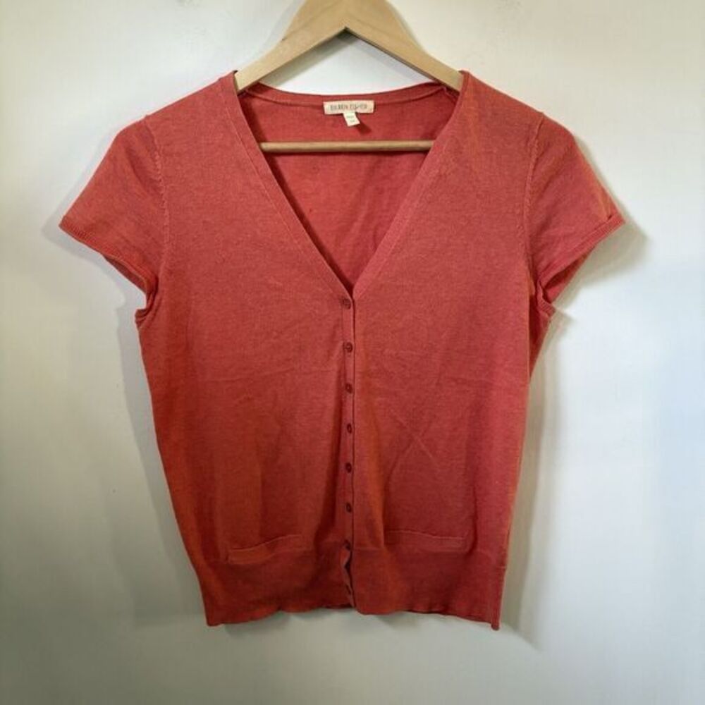 Eileen Fisher Cotton Cashmere Cardigan XS Coral Orange Short Sleeve Button Front
